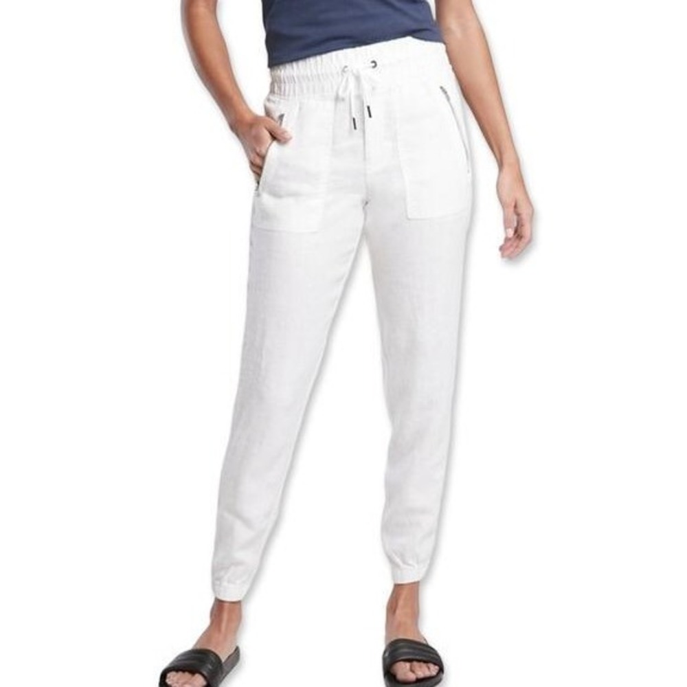 Athleta Cabo Linen Jogger Pants White 100% Linen Elastic Waist Pockets Size M